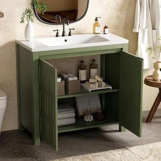 36" Olive Green Bathroom Vanity Organizer with Sink, Soft-Close Cabinet ...